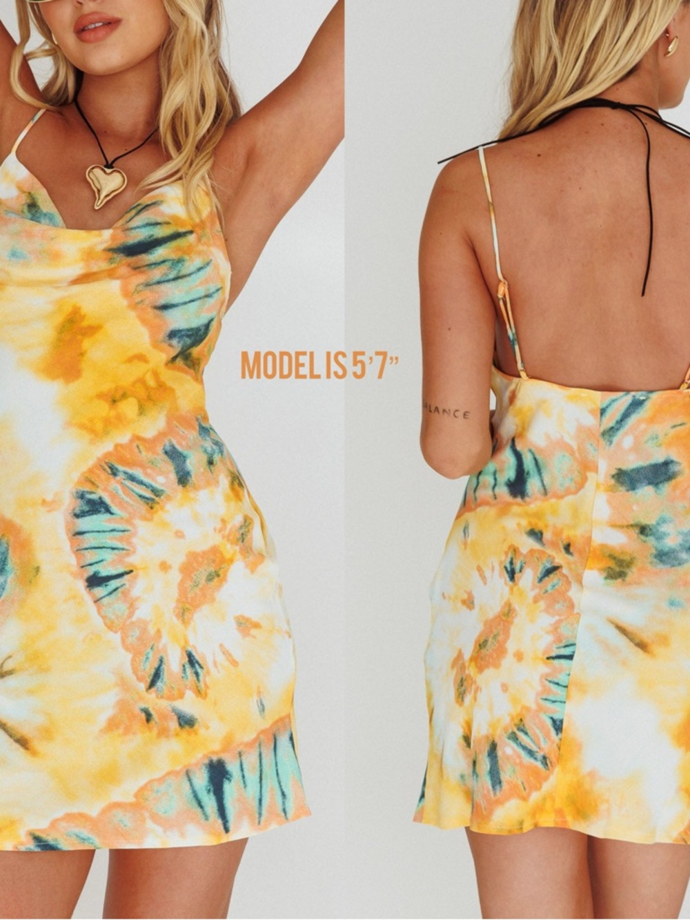 . Selfie Leslie Yellow/Orange Multicolor Tie Dye Thin Cowl Neck Mini Dress - Picture 3 of 15